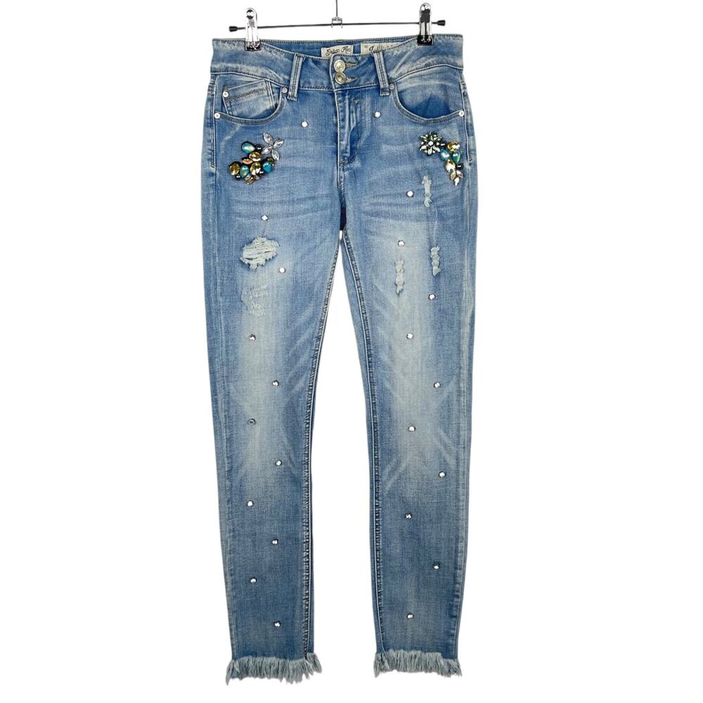 Indigo Rain Frey Ankle Denim Stretch Skinny Jeans Juniors 7 Embellished Crystals